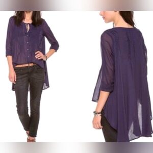 Free People Blue Lightweight Cotton Top Boho Festival Lagenlook Hippie Roomy  S